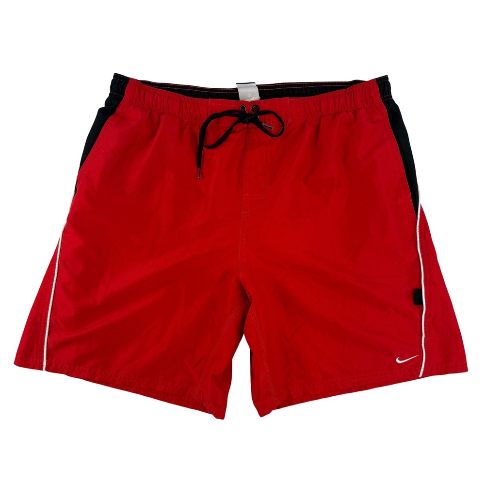 Nike Swim Trunks Mens XL Red Black Board Shorts Mesh Lined Drawstring Logo